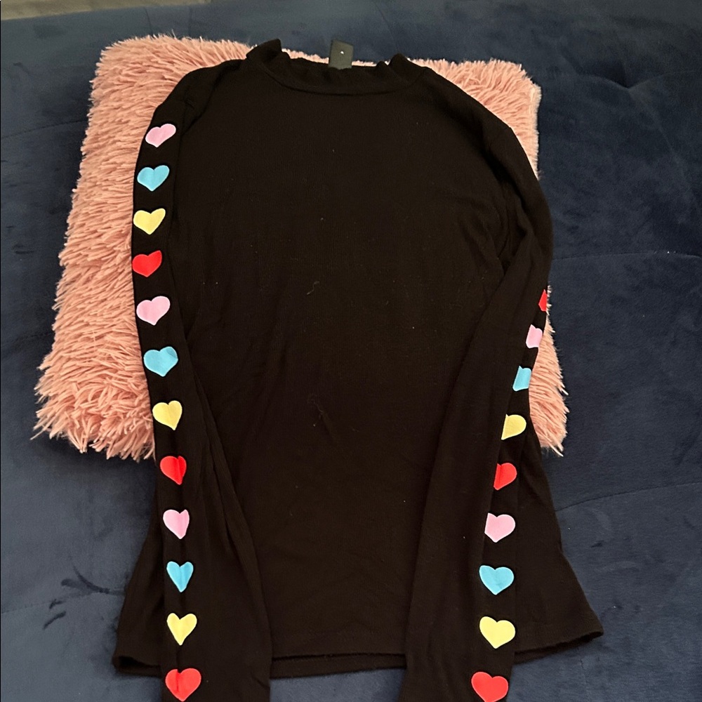 Black Long Sleeve Top with Colorful Heart Accents